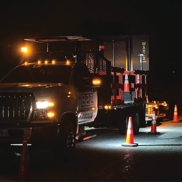 texas traffic control services truck on site at night